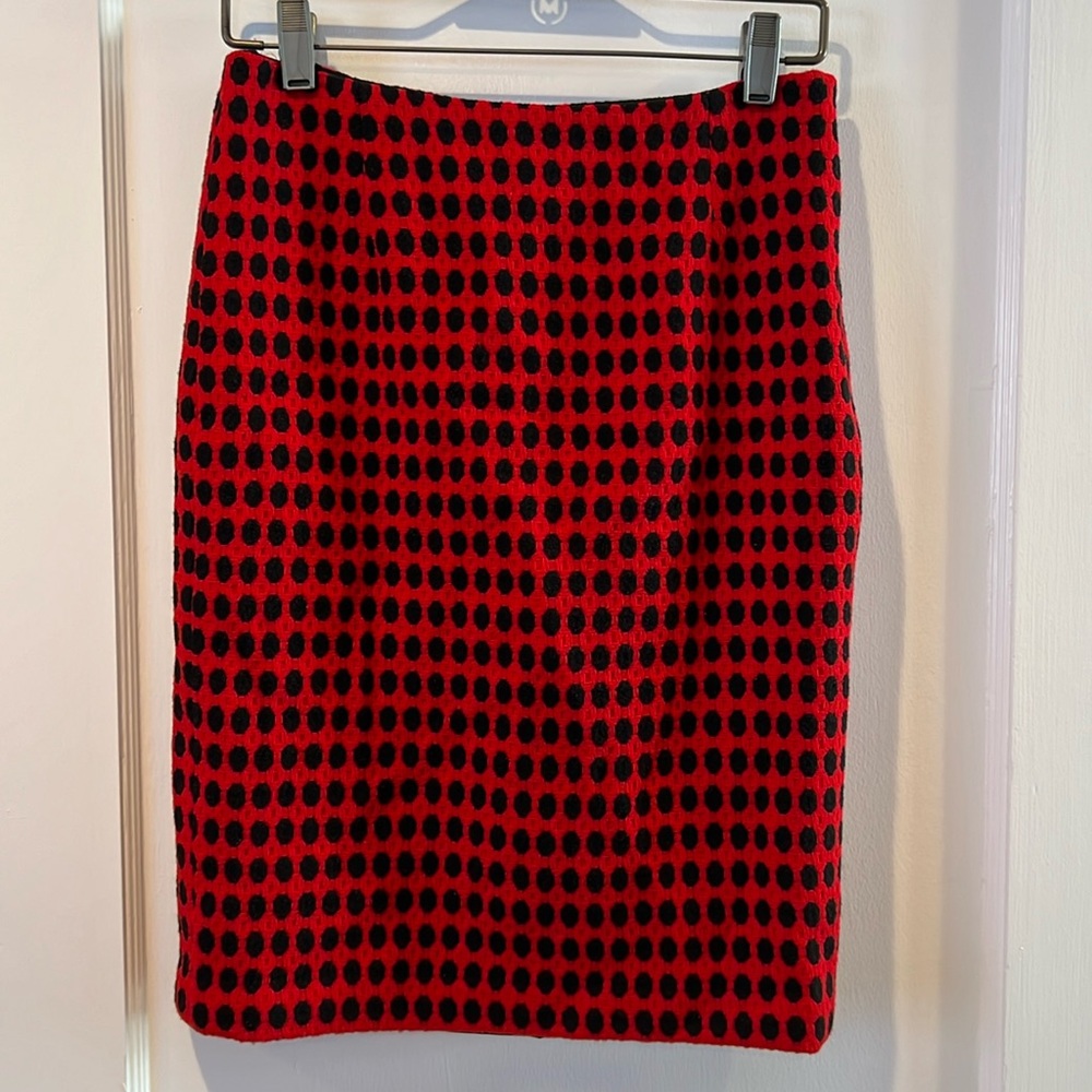 Milly red tweed skirt with black wool polkadots.